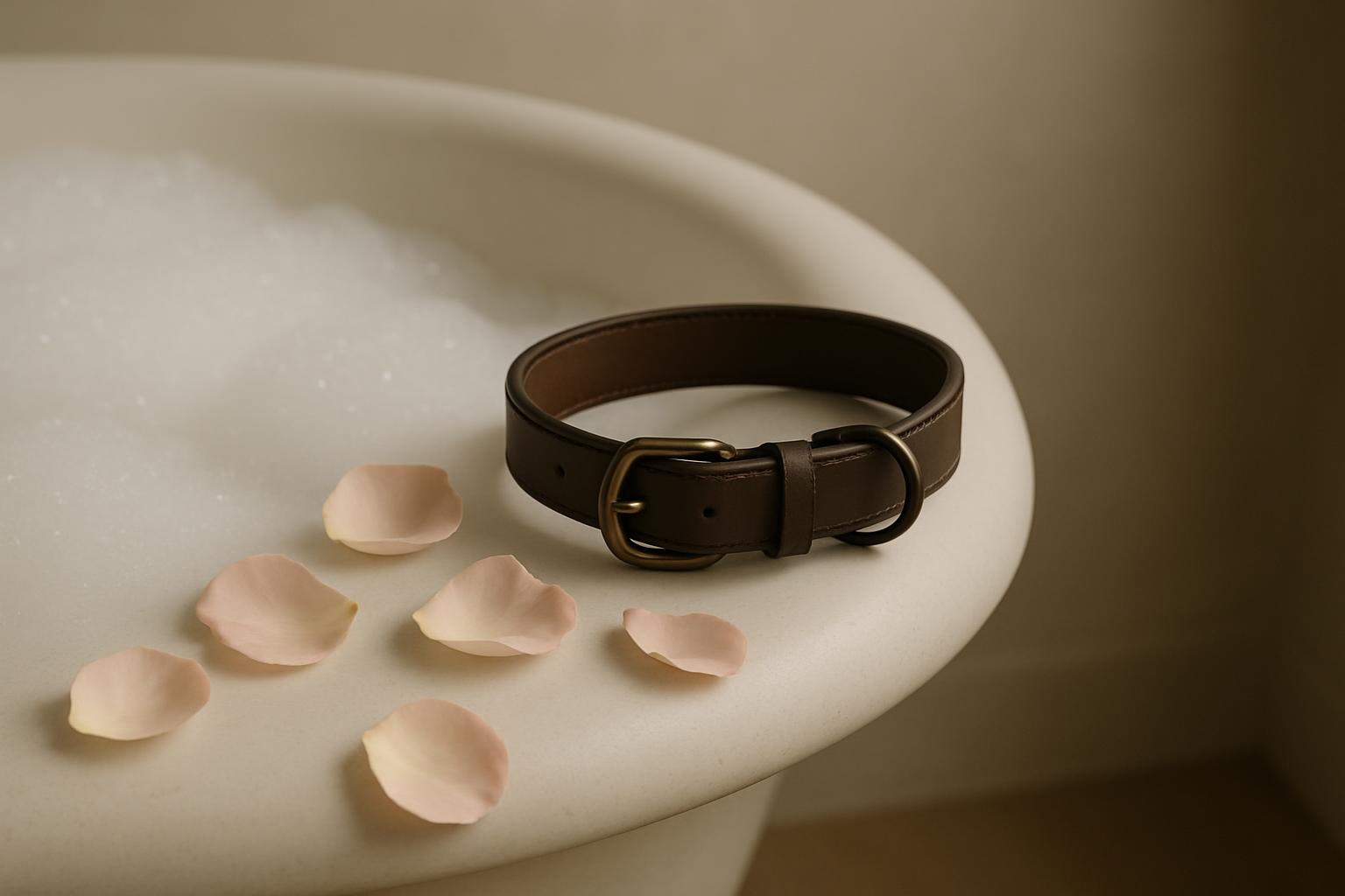 A brown leather dog collar lying in a white porcelain basin, surrounded by light pink rose petals. The collar is dark brow...